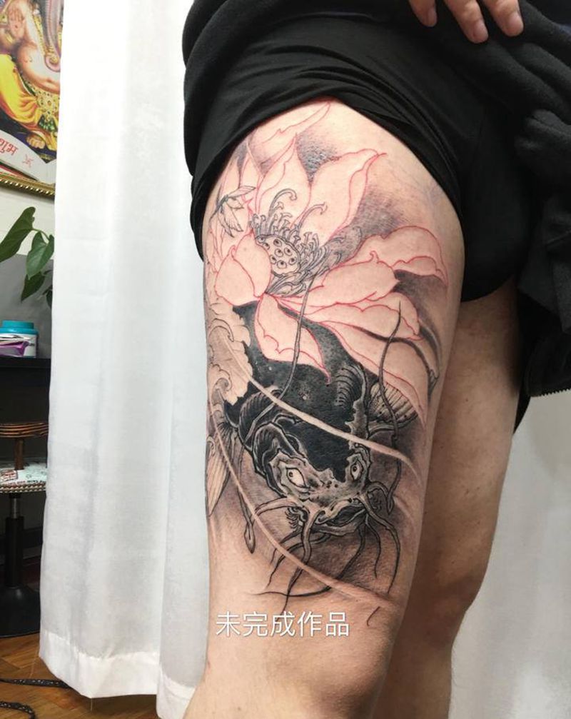 未完成作品纹身图片_腿部新传统纹身图案