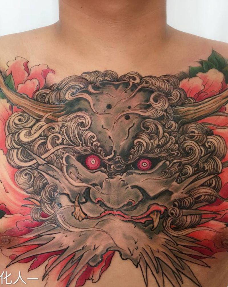 唐狮纹身图片_胸部新传统老传统纹身图案