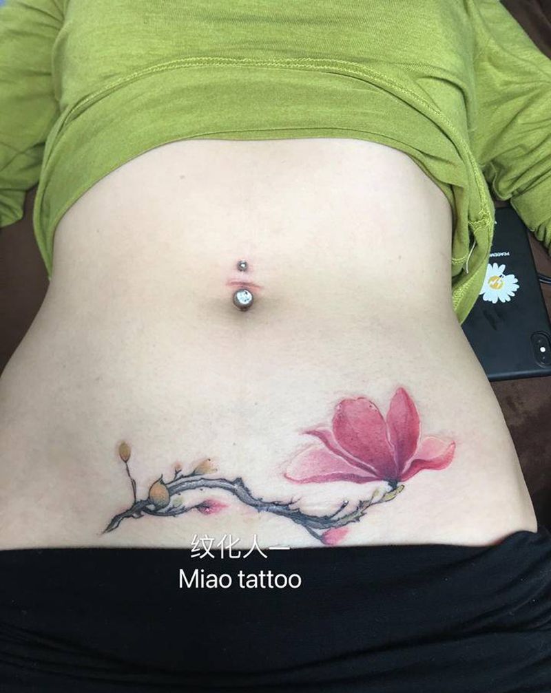 遮盖疤痕纹身图片_腰部腹部水墨纹身图案
