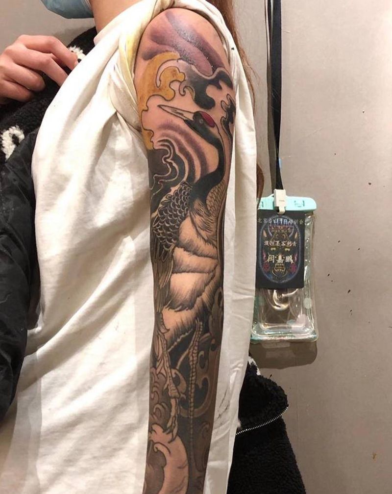 仙鹤纹身图片_手臂老传统纹身图案