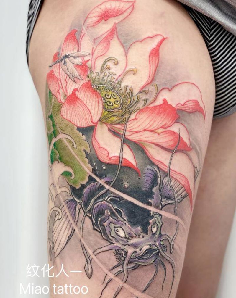 锦鲤纹身图片_腿部新传统纹身图案