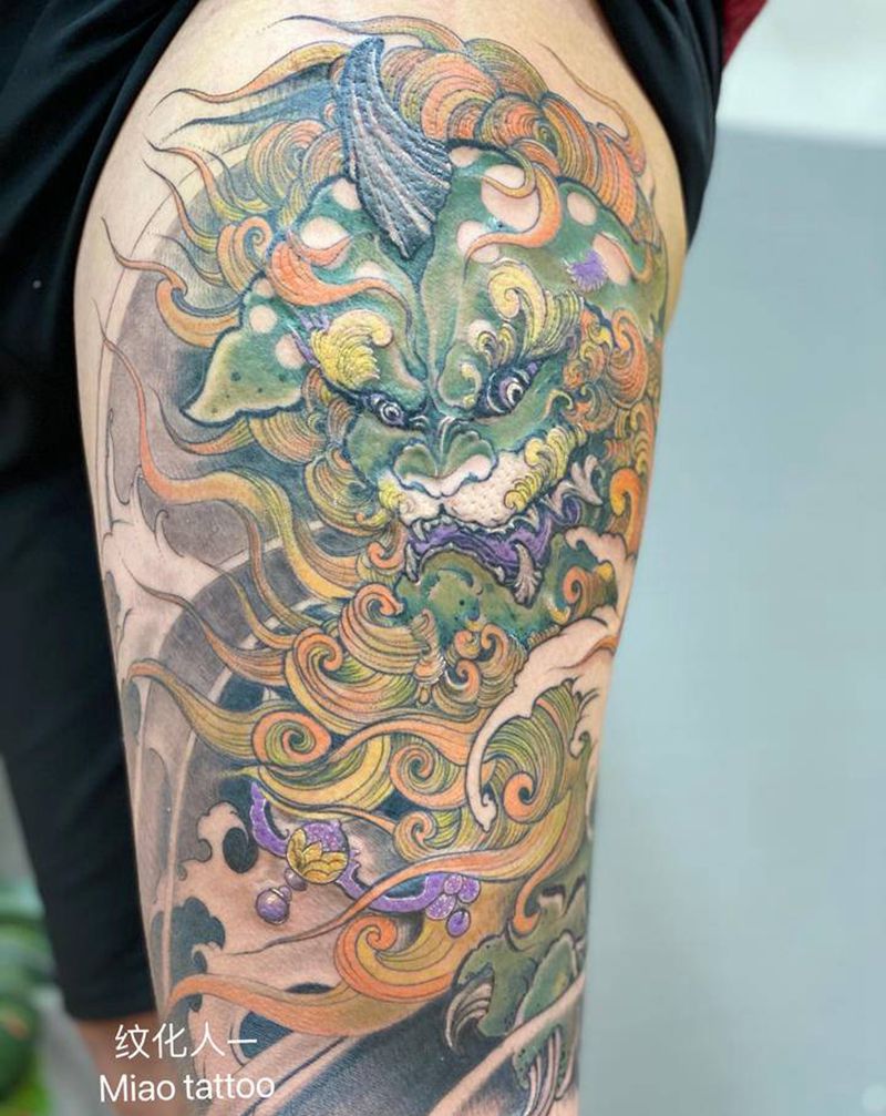 唐狮纹身图片_腿部新传统纹身图案