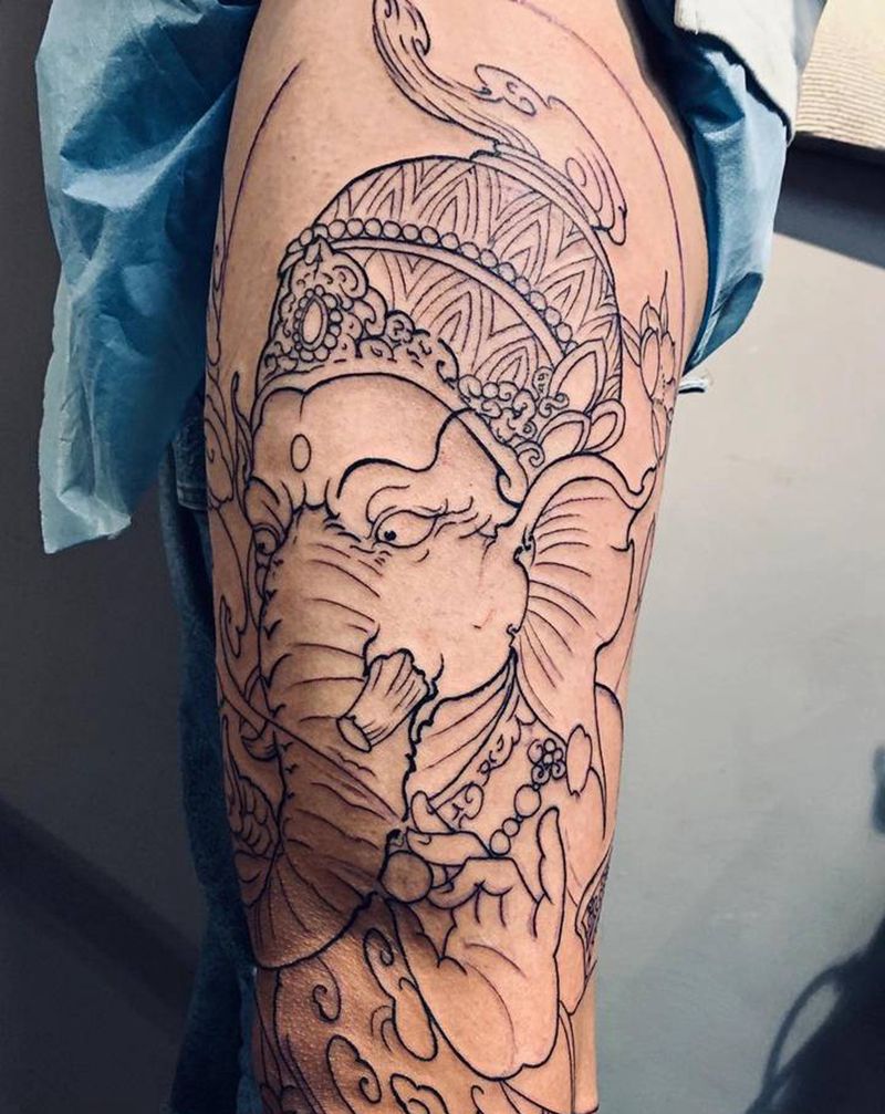 象神纹身图片_腿部新传统纹身图案