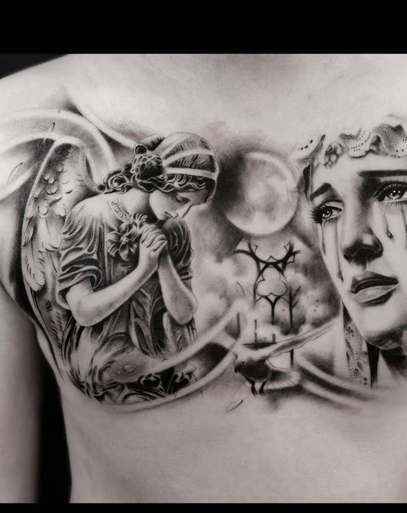 《守护》纹身图片_胸部欧美写实花胸纹身图案