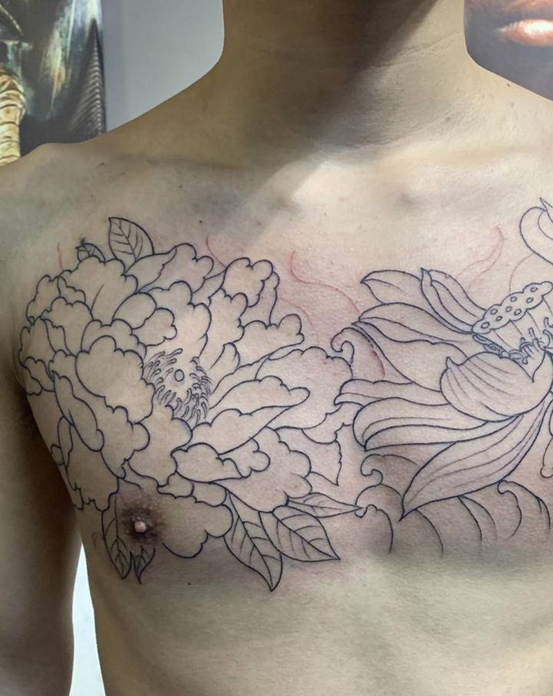花胸纹身图片_胸部新传统纹身图案