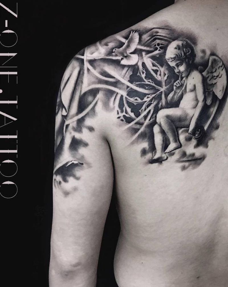 《守护天使》纹身图片_手臂欧美写实纹身图案