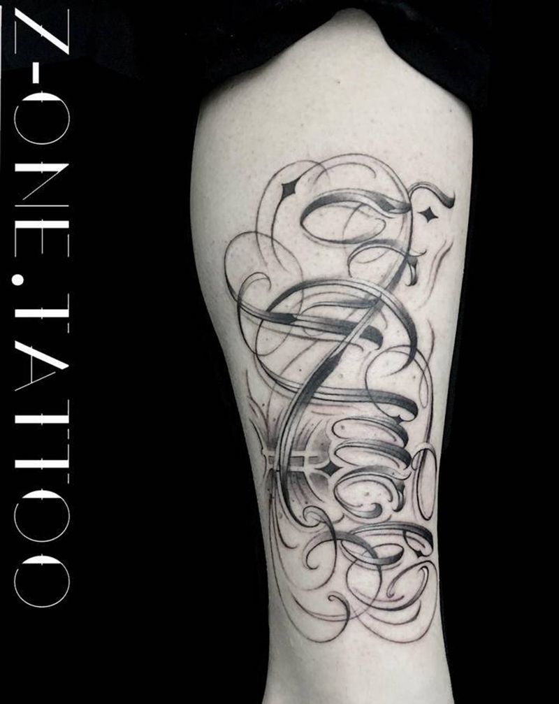 icy face 星座♊️纹身图片_腿部花体字纹身图案