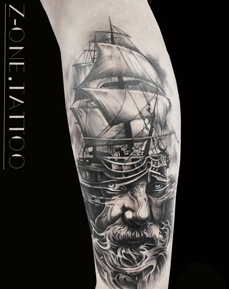 《老人与海》纹身图片_腿部欧美写实纹身图案