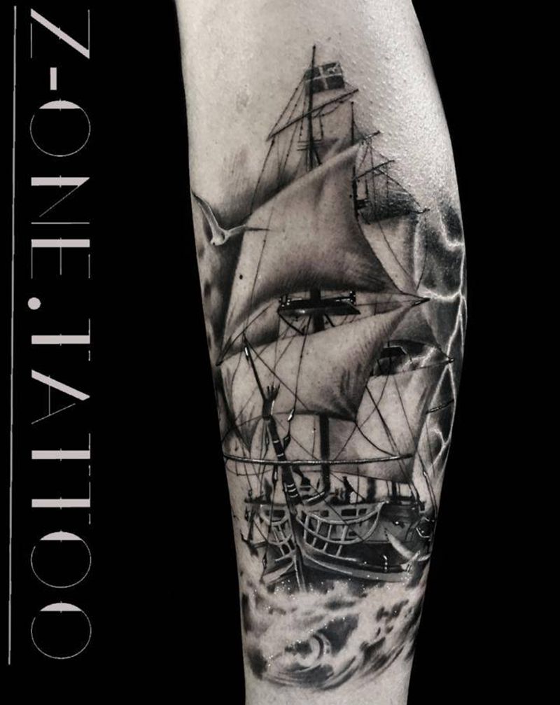 《乘风破浪》纹身图片_腿部欧美写实纹身图案