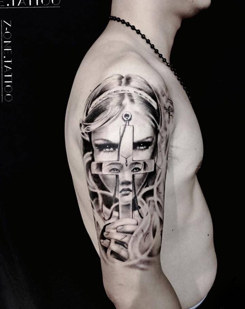 《守护》纹身图片_手臂欧美写实纹身图案