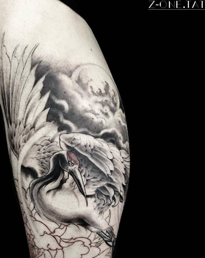 《鹤》纹身图片_腿部新传统纹身图案