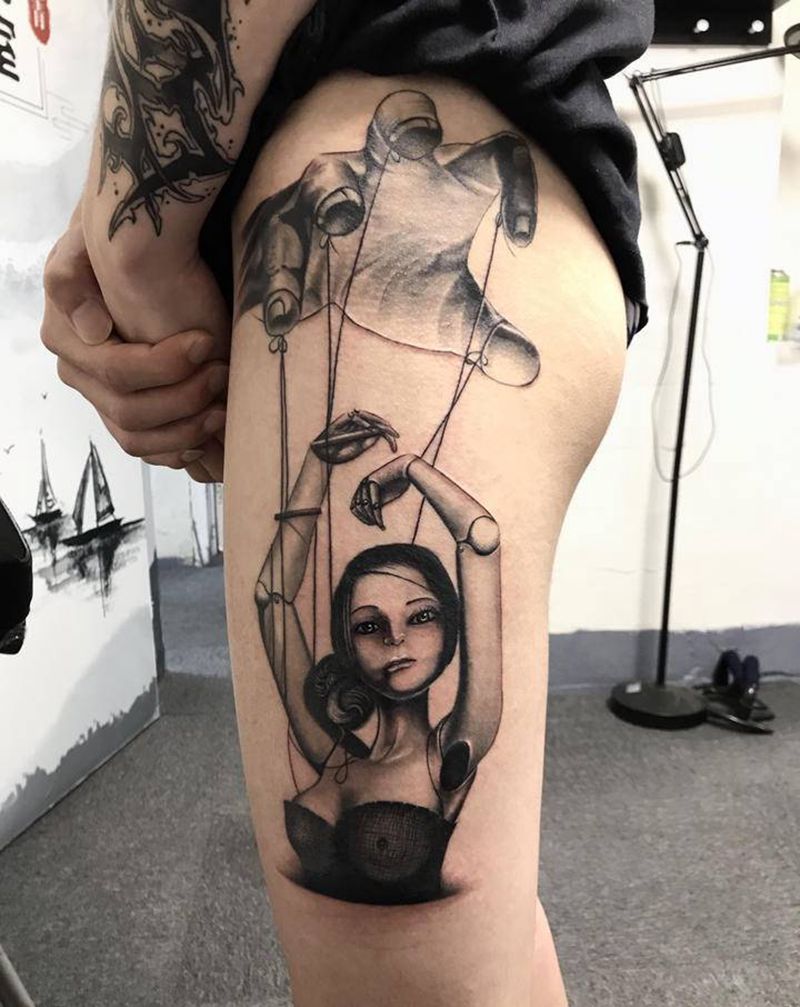 掌控纹身图片_腿部欧美写实纹身图案