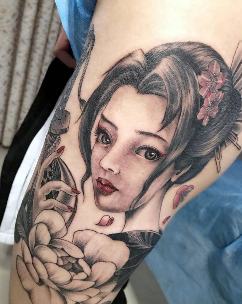 女武士纹身图片_腿部新传统点刺纹身图案