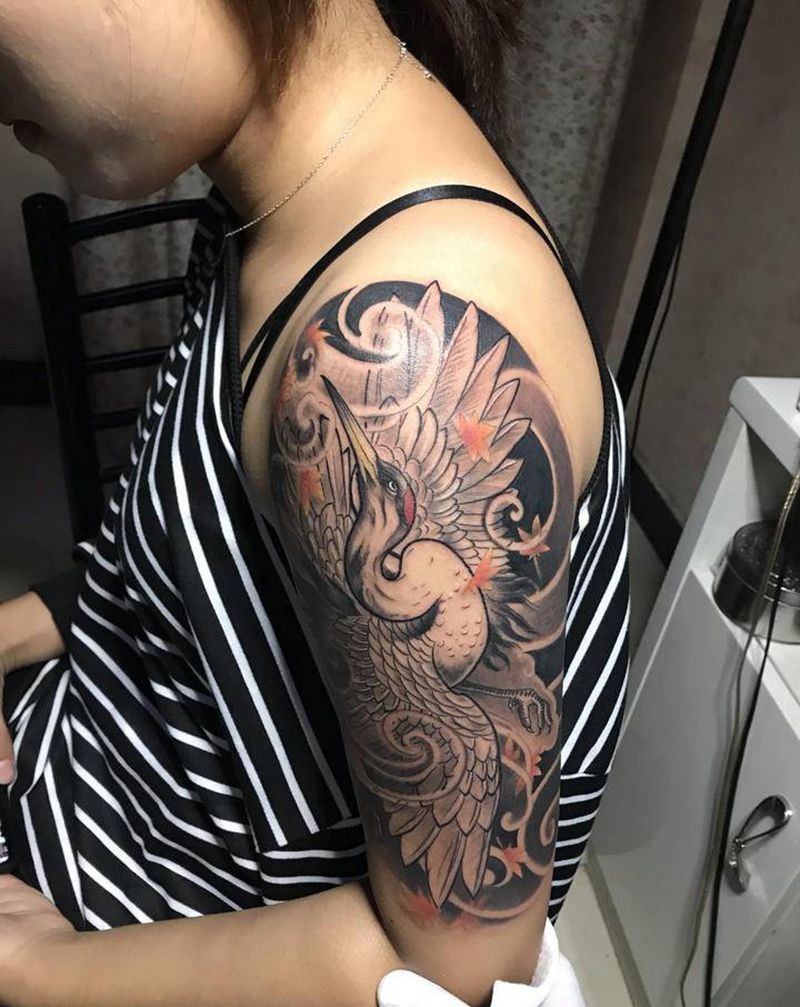 鹤纹身图片_手臂新传统纹身图案