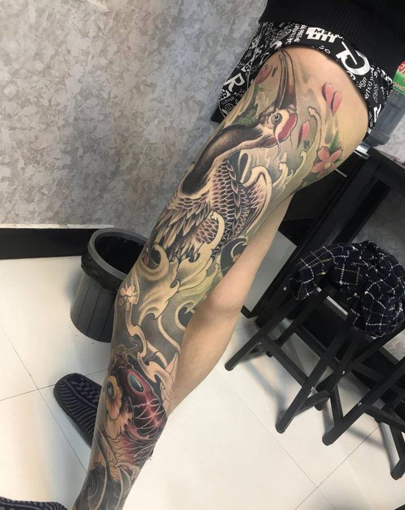 花腿纹身图片_腿部新传统纹身图案