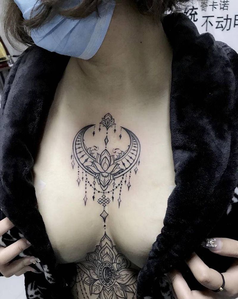 遮盖手术疤痕纹身图片_胸部腹部图腾几何纹身图案