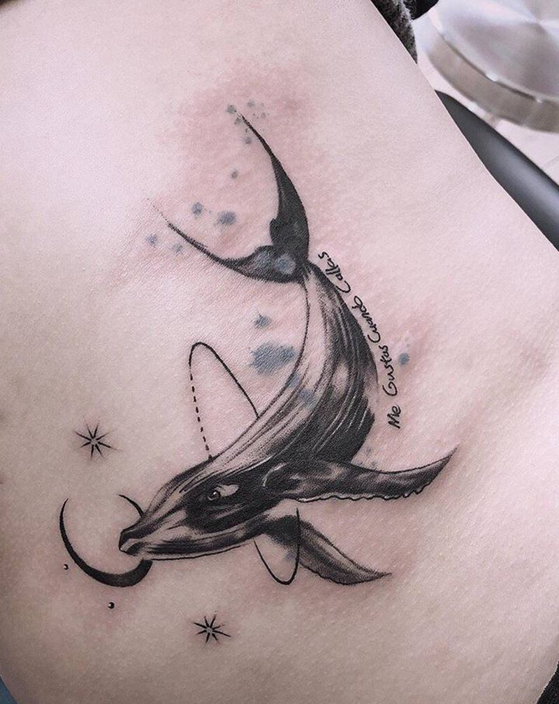 许昌文身沄刺青纹身图片_腰部水墨鲸鱼纹身图案