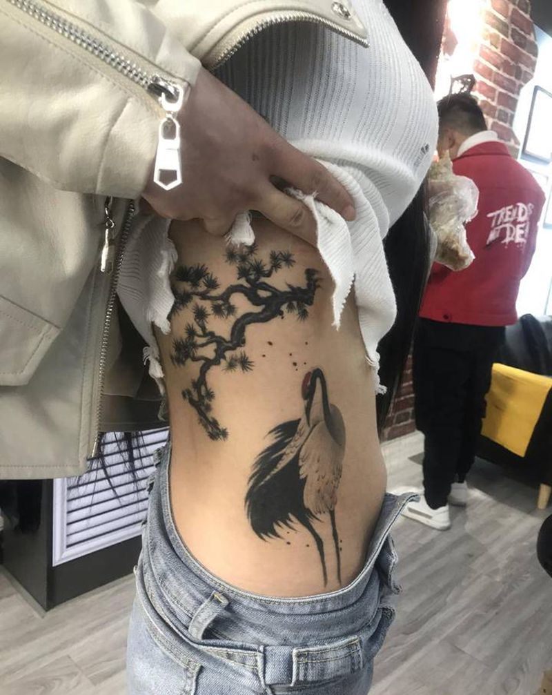 鹤纹身图片_腰部腹部水墨纹身图案