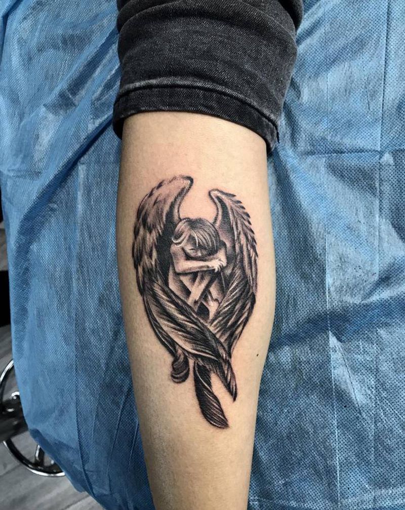 失落天使纹身图片_腿部欧美写实纹身图案