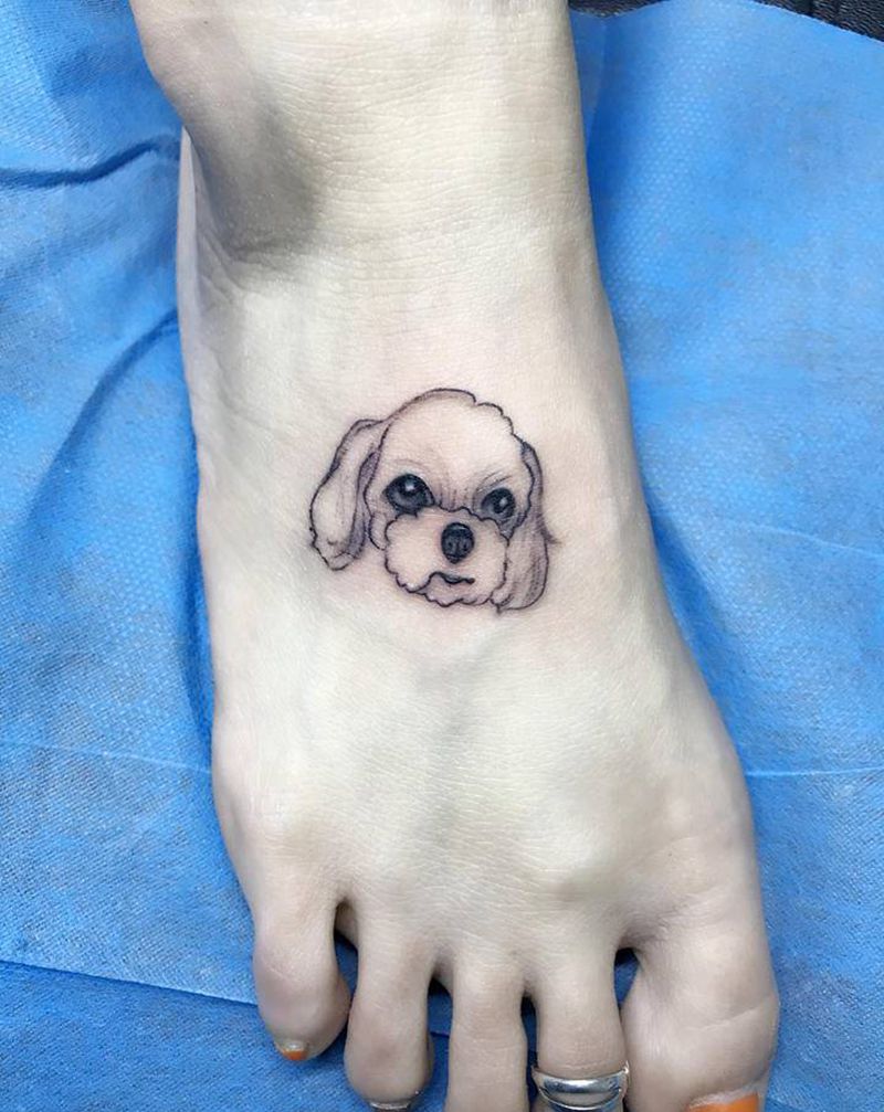 比熊纹身图片_脚部欧美写实小清新纹身图案