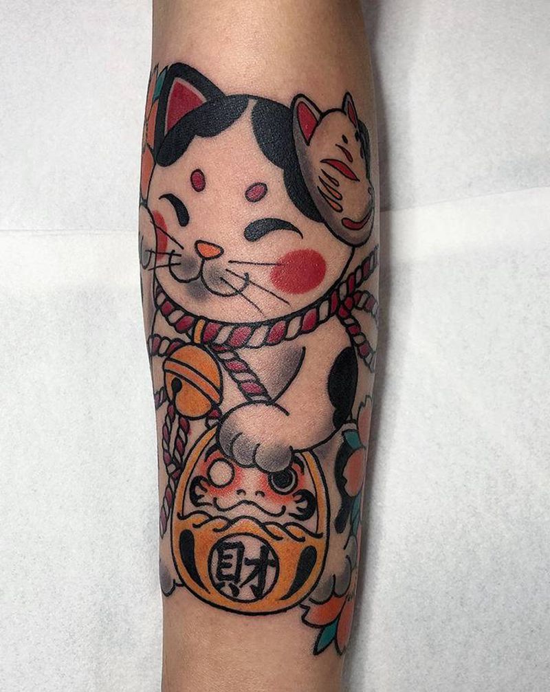 许昌沄刺青纹身图片_手臂老传统招财猫纹身图案