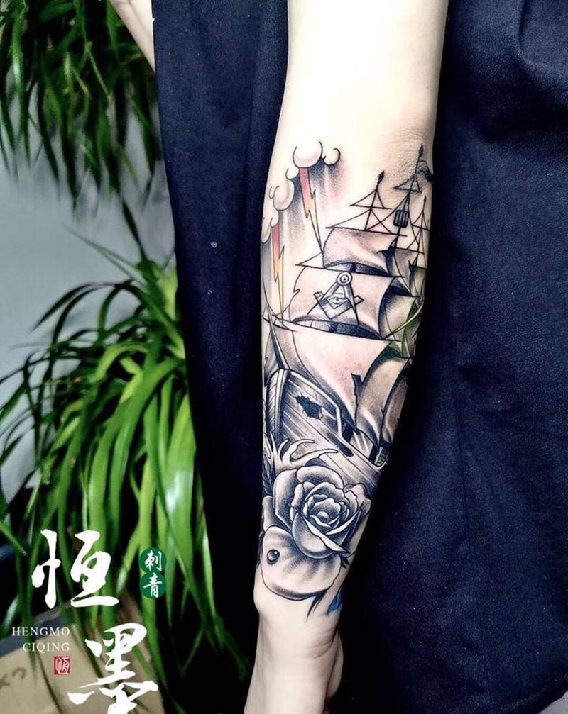 school帆船纹身图片_手臂New SchoolOld School纹身图案