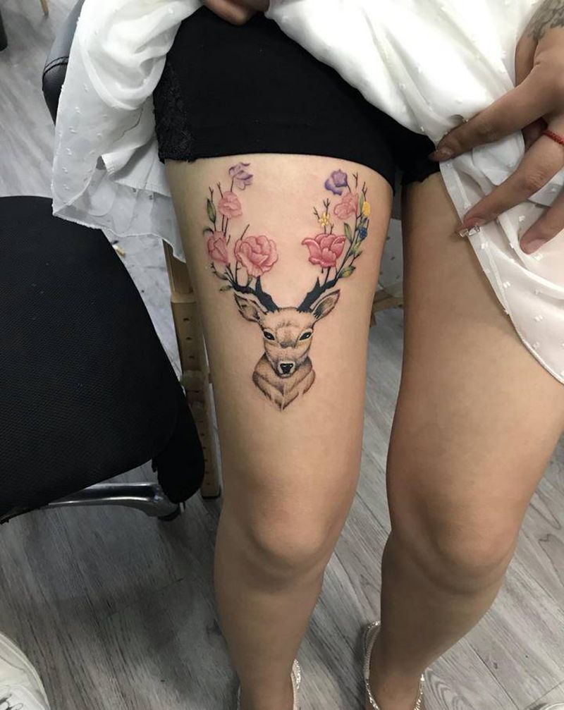麋鹿纹身图片_腿部清新纹身图案