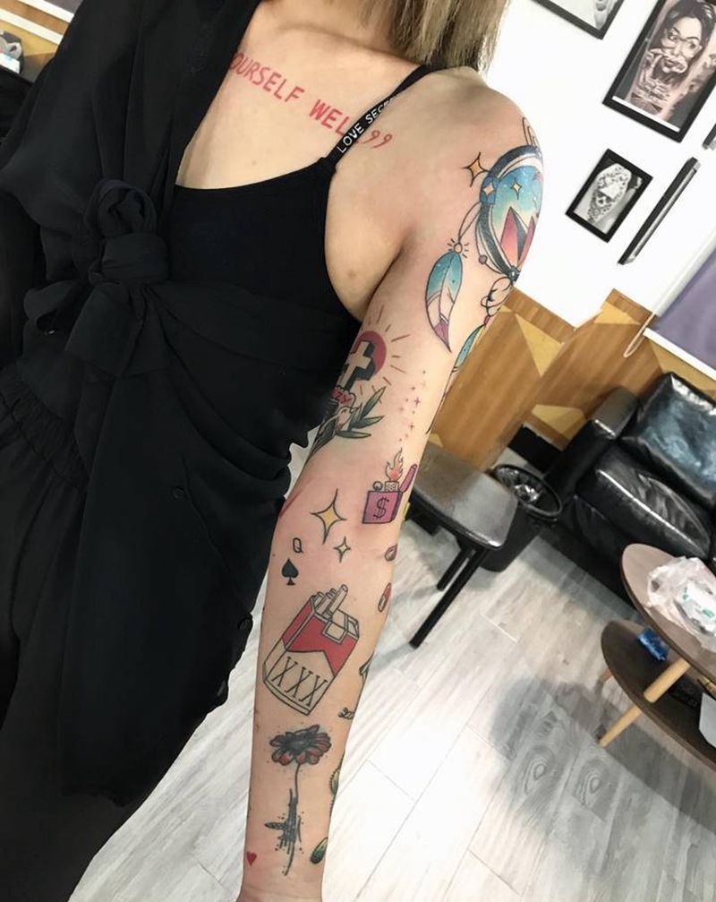 拼接花臂纹身图片_手臂New School纹身图案