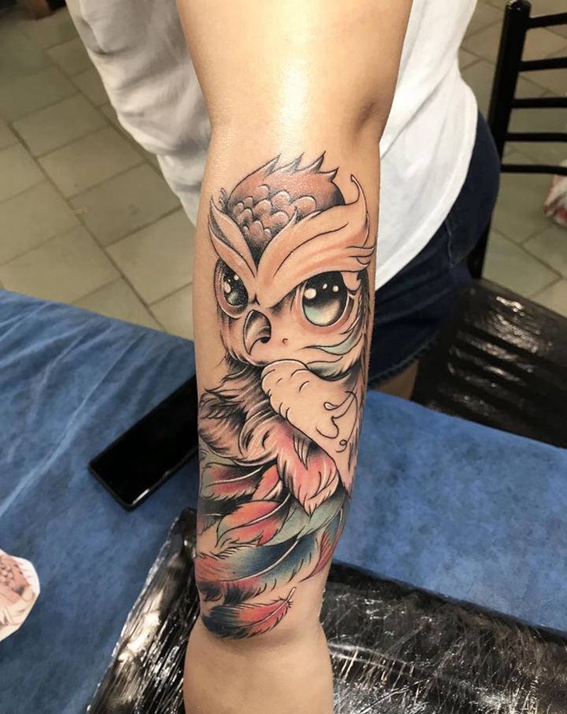 猫头鹰纹身图片_手臂New School水彩纹身图案
