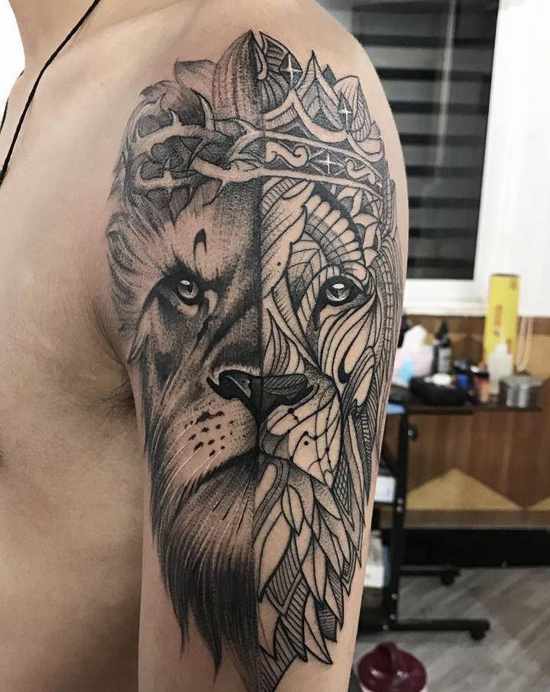 狮王纹身图片_手臂欧美写实几何纹身图案