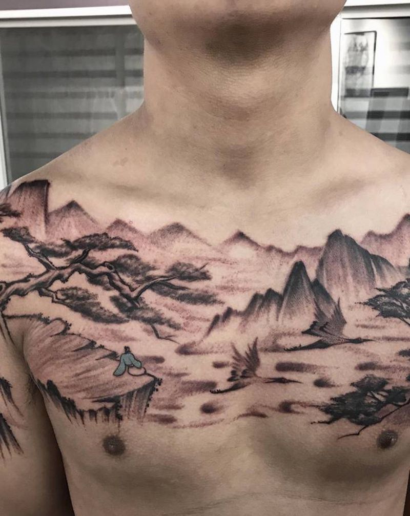 胸怀山河纹身图片_手臂胸部水墨纹身图案
