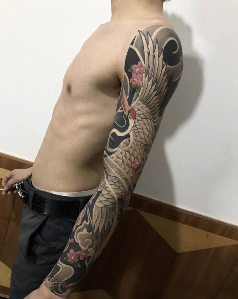 仙鹤纹身图片_手臂老传统纹身图案