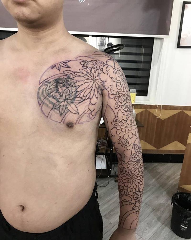 老传统花臂纹身图片_手臂胸部老传统纹身图案