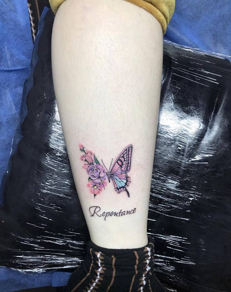 花蝴蝶纹身图片_腿部水彩纹身图案