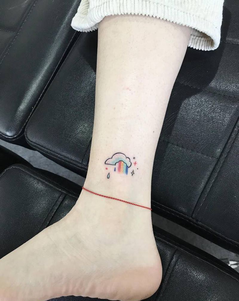 彩虹雨纹身图片_腿部水彩纹身图案