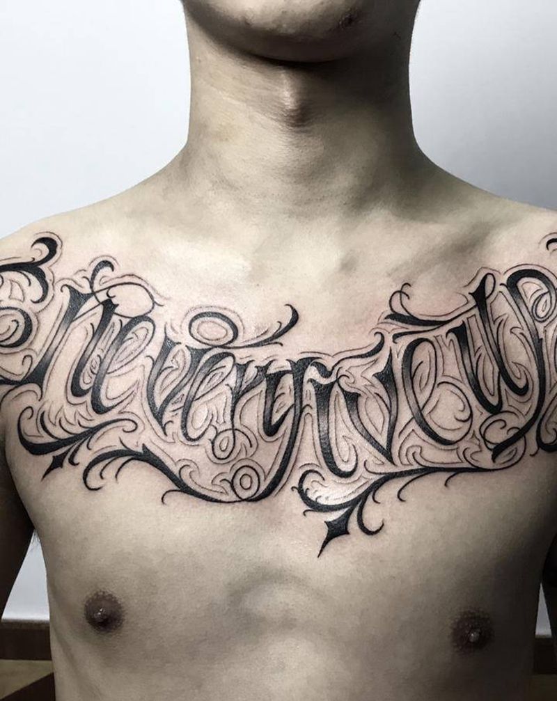 其卡诺花体纹身图片_胸部花体字纹身图案