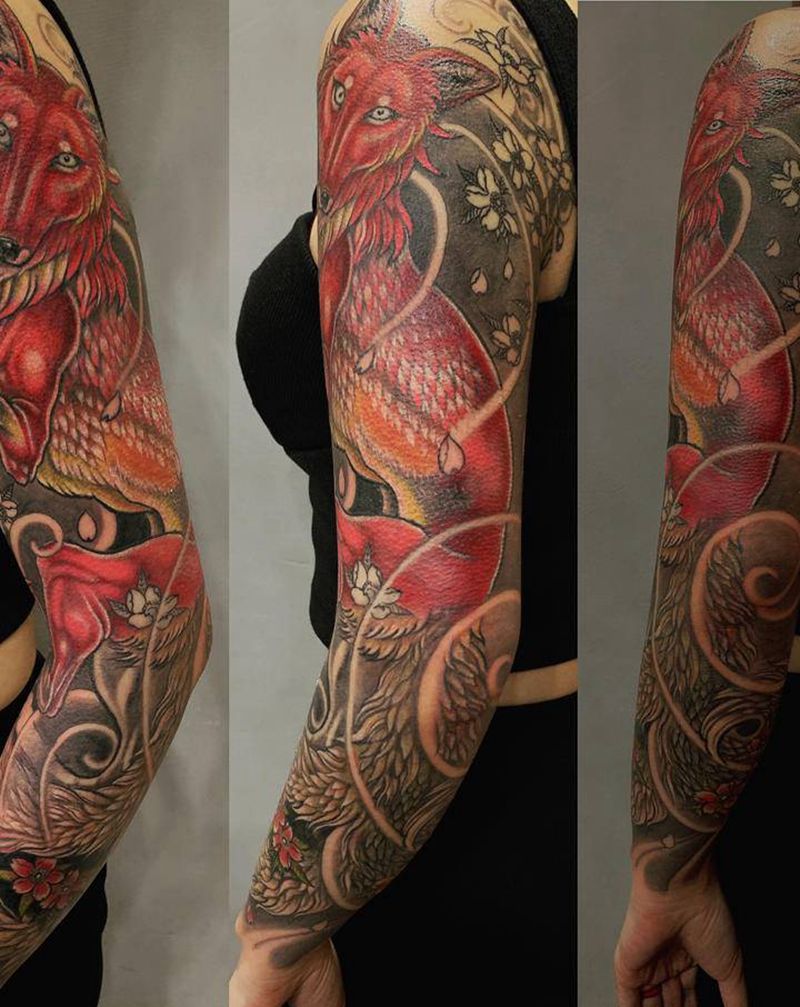 花臂九尾妖纹身图片_手臂新传统纹身图案