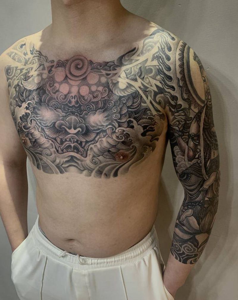 花胸花臂纹身图片_胸部手臂新传统纹身图案