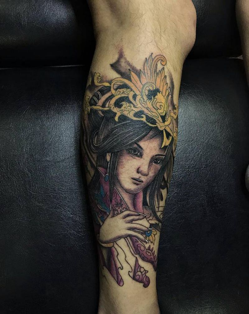 艺妓纹身图片_腿部纹身图案