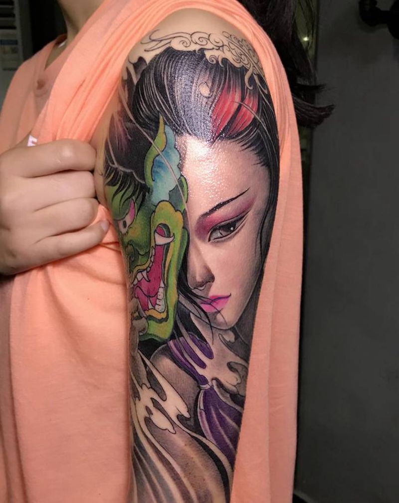 大臂艺妓纹身图片_手臂新传统般若 艺妓纹身图案