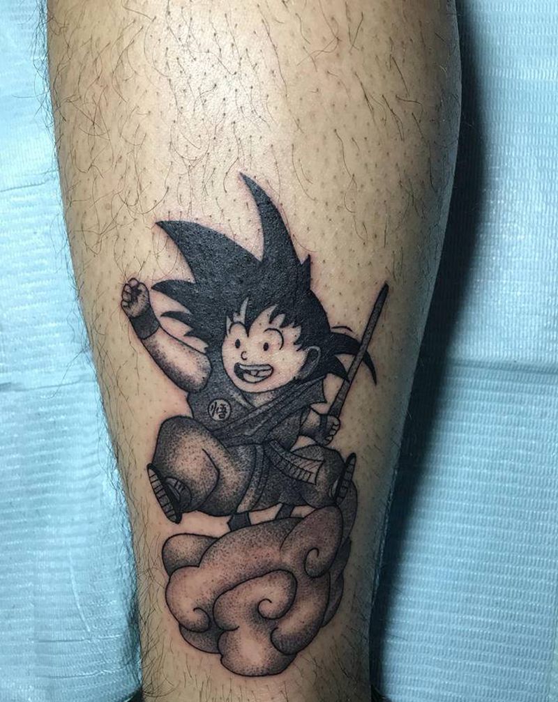 甩针风格卡通人物纹身图片_腿部点刺纹身图案