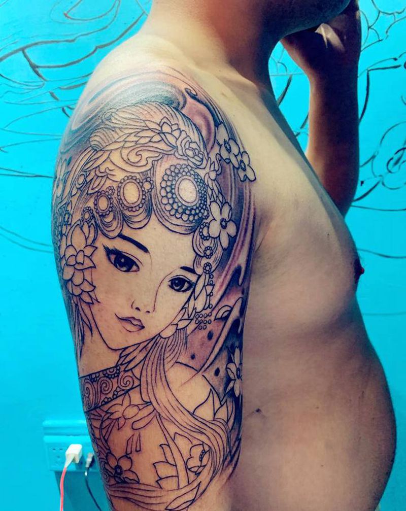 青衣花旦未完纹身图片_肩部手臂新传统中国美戏曲花旦纹身图案