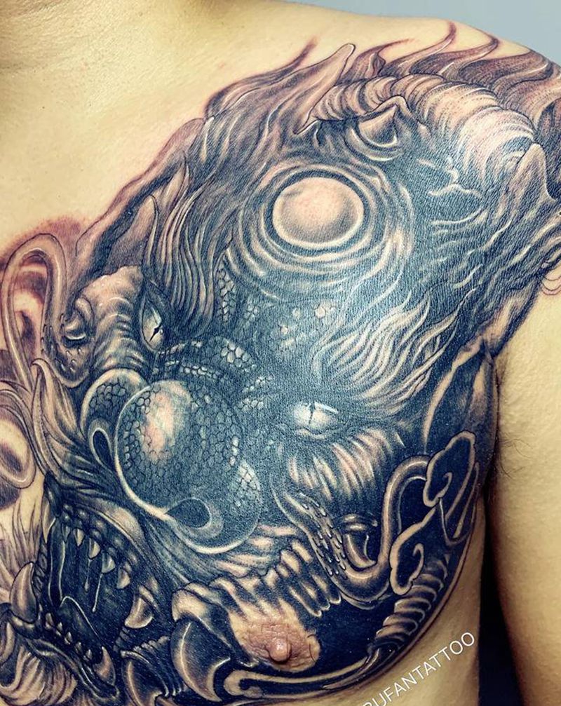 龙头遮盖纹身图片_肩部胸部新传统遮盖纹身图案