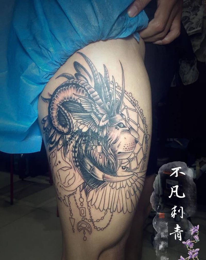 印第安狮子，遮盖纹身图片_腿部欧美  动物纹身图案