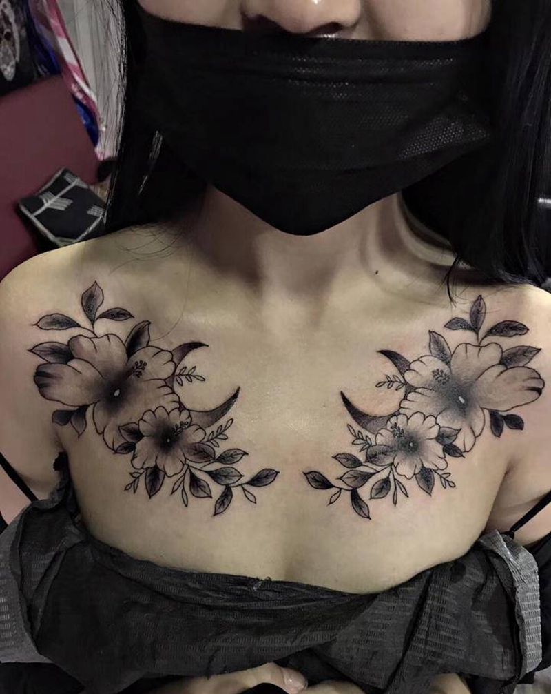 素花纹身图片_胸部纹身图案