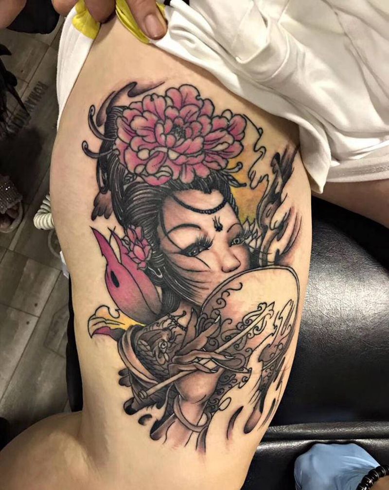 艺妓纹身图片_腿部新传统纹身图案