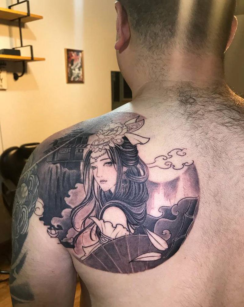 后背美女纹身图片_背部新传统仕女 风景古风纹身图案