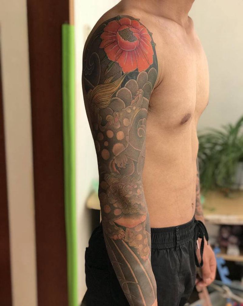 日式老传统唐狮纹身图片_手臂老传统纹身图案