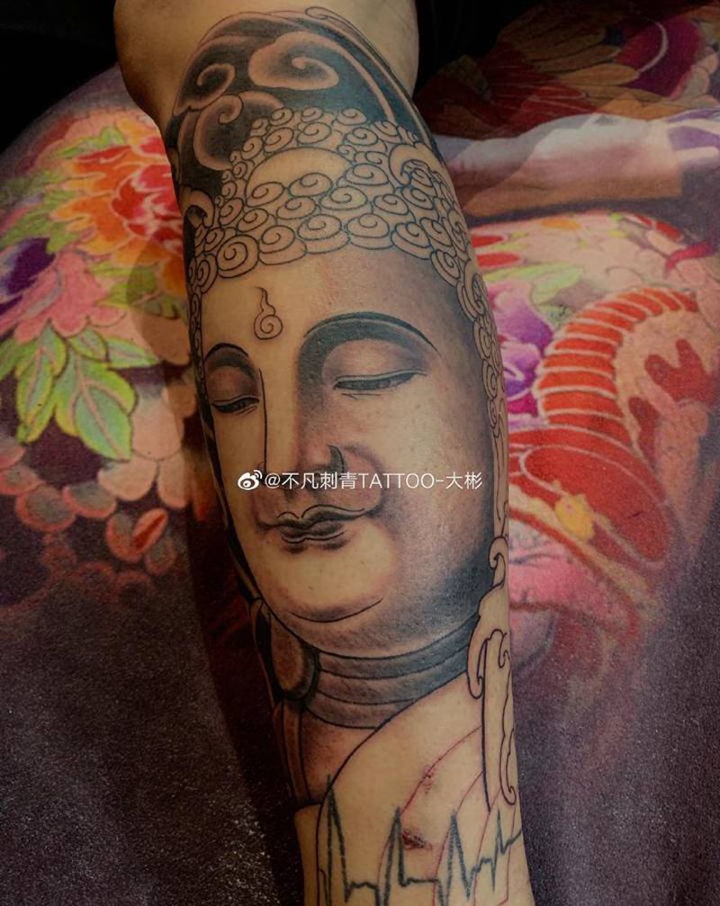 佛系包小腿纹身图片_腿部新传统佛纹身图案