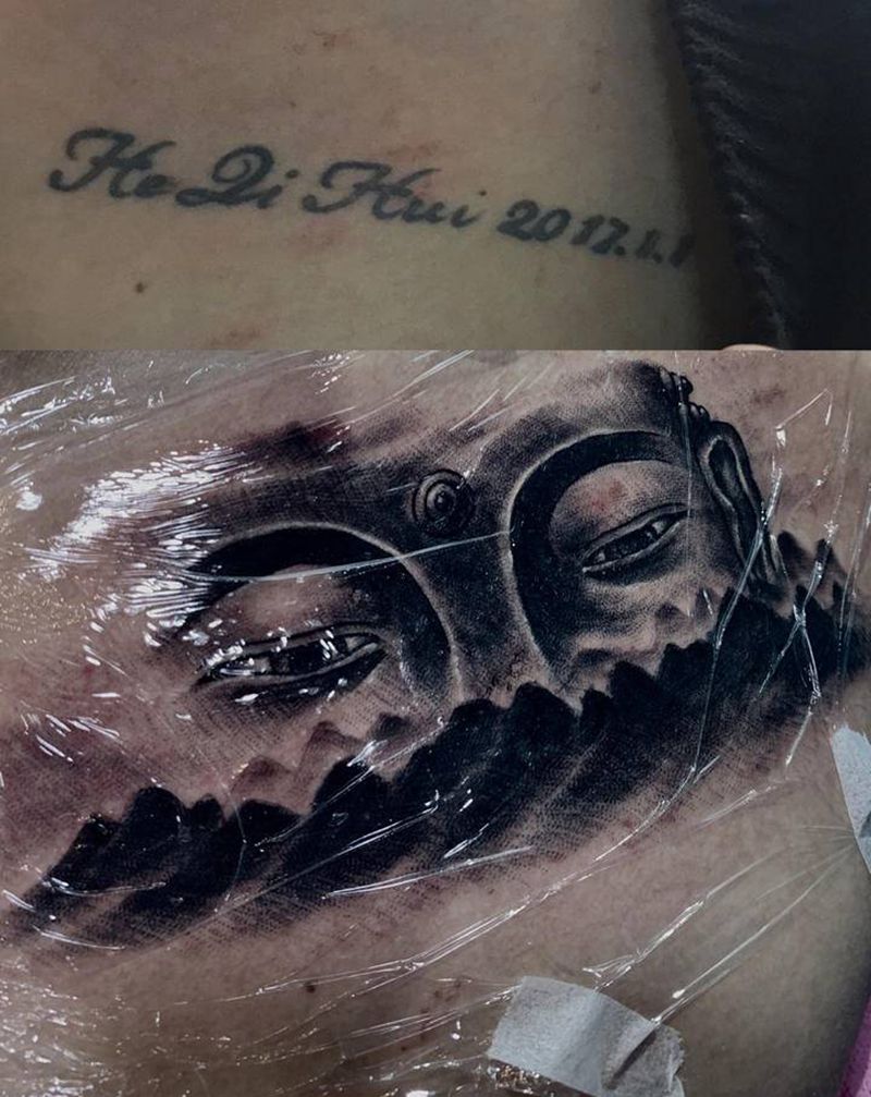 设计遮盖英文，佛纹身图片_肩部胸部水墨新传统佛遮盖纹身图案